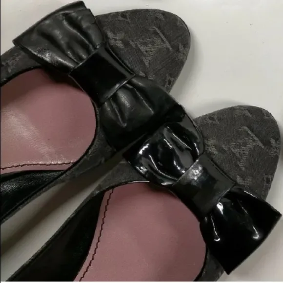 LOUIS VUITTONDenim Monogram Ballerina Flats 37.5 Monogram bow Mini lin