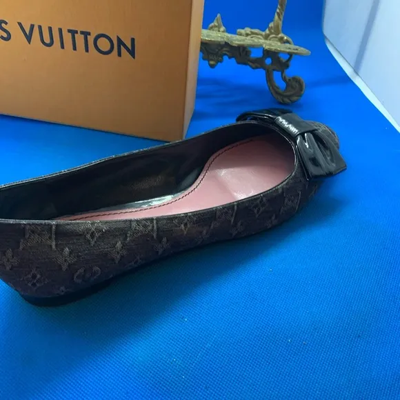 LOUIS VUITTONDenim Monogram Ballerina Flats 37.5 Monogram bow Mini lin