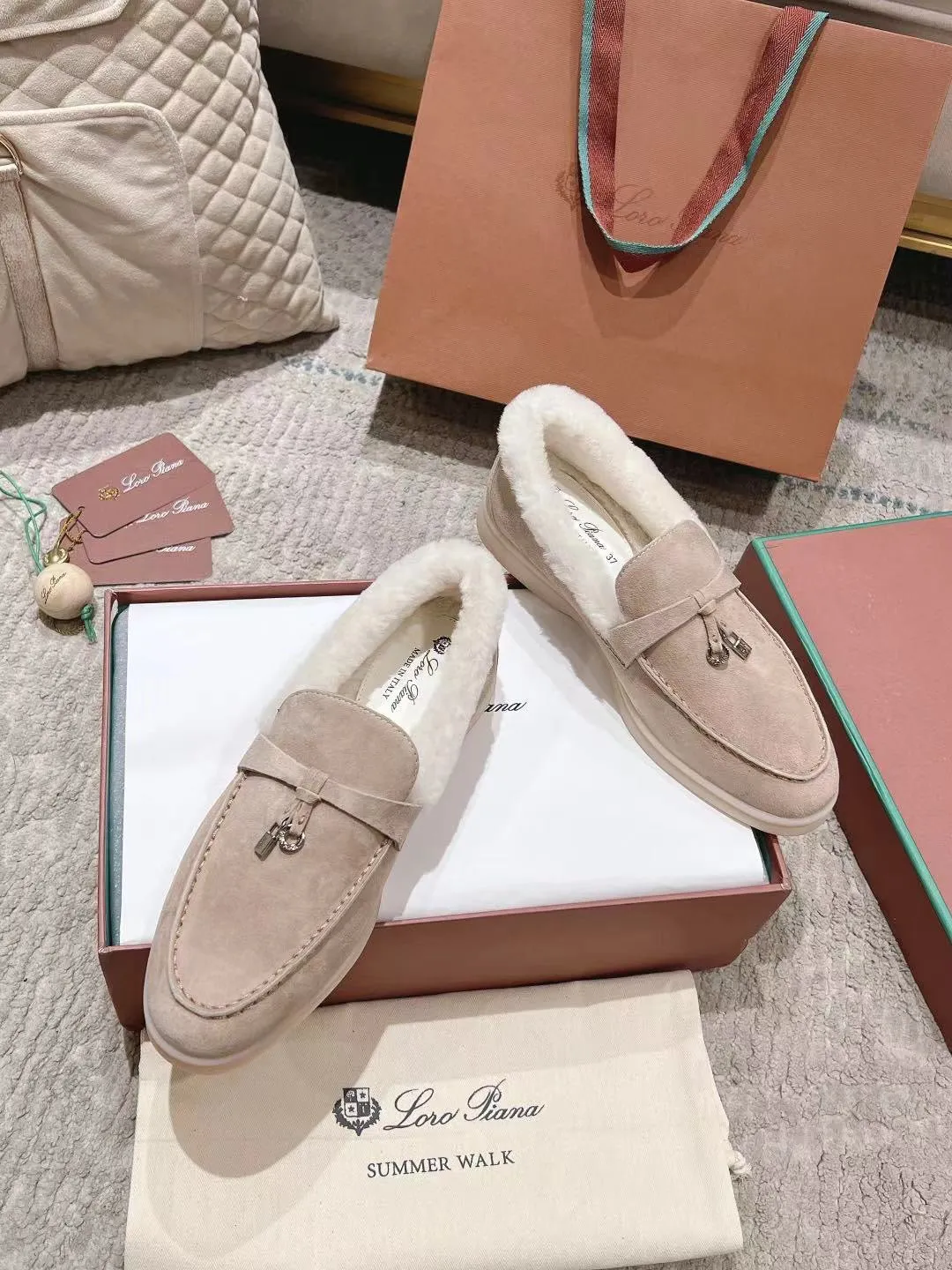 LP Summer Charms Walk Loafers  Light Brown Beige Mix White Suede With Rabbit Fur Lining 206250