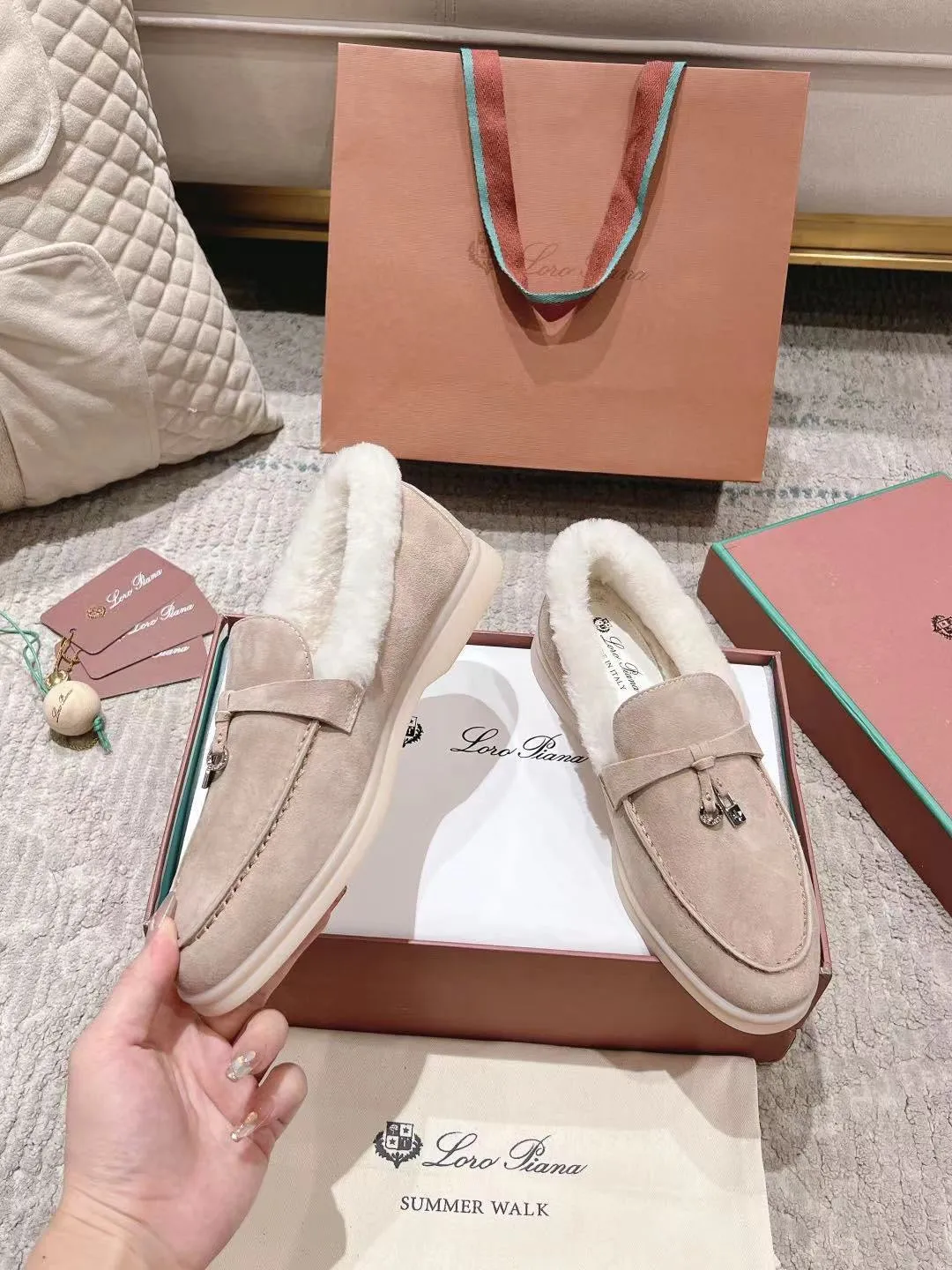 LP Summer Charms Walk Loafers  Light Brown Beige Mix White Suede With Rabbit Fur Lining 206250