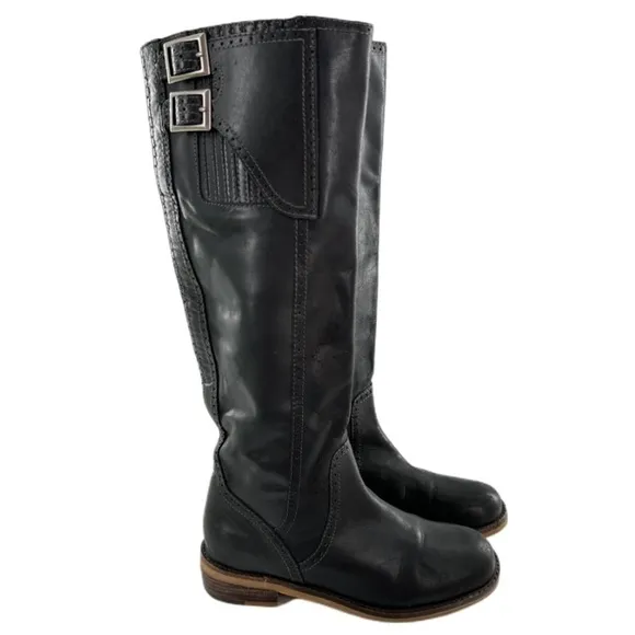 Lucky brand Andrea knee high boots size 6 36 black leather moto biker biker