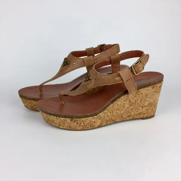 Lucky Brand Womens Narnie Cork Wedge Sandals Tan Leather Studded Thong size 9.5