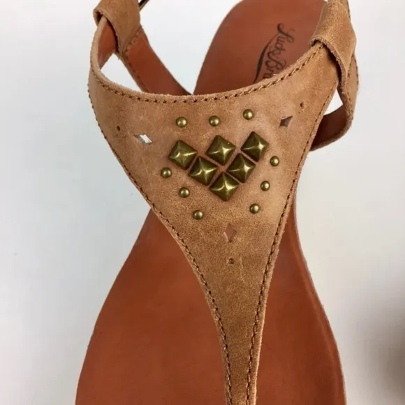 Lucky Brand Womens Narnie Cork Wedge Sandals Tan Leather Studded Thong size 9.5