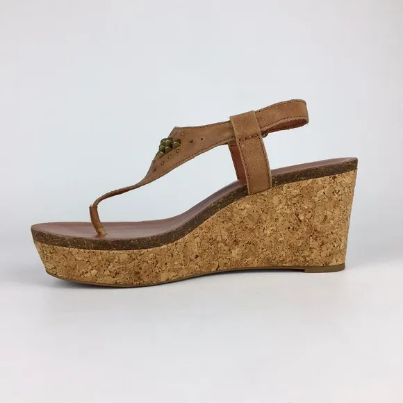 Lucky Brand Womens Narnie Cork Wedge Sandals Tan Leather Studded Thong size 9.5