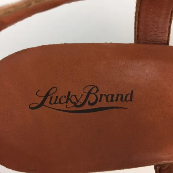 Lucky Brand Womens Narnie Cork Wedge Sandals Tan Leather Studded Thong size 9.5