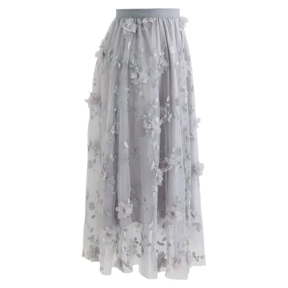 Luxe 3D Mesh Flower Embroidered Tulle Midi Skirt In Grey Large