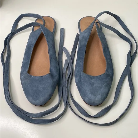 Madewell ‘April’ Blue Suede Ankle-Wrap Flats Size 9.5