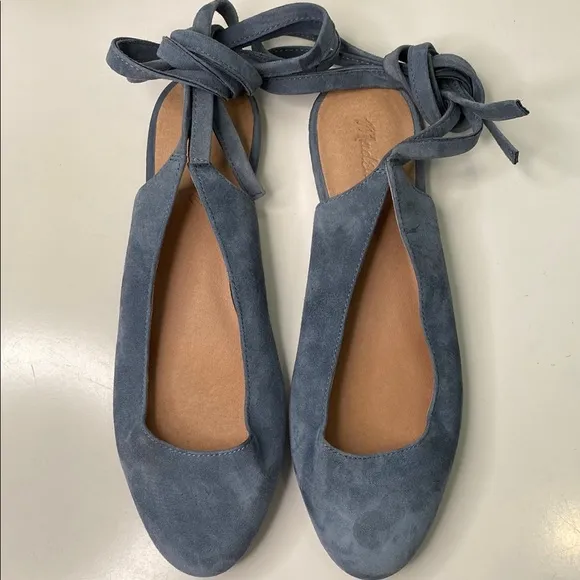 Madewell ‘April’ Blue Suede Ankle-Wrap Flats Size 9.5