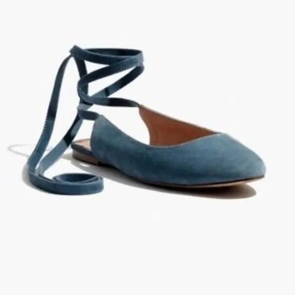 Madewell ‘April’ Blue Suede Ankle-Wrap Flats Size 9.5