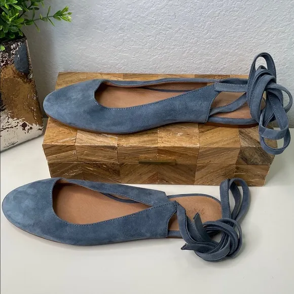 Madewell ‘April’ Blue Suede Ankle-Wrap Flats Size 9.5