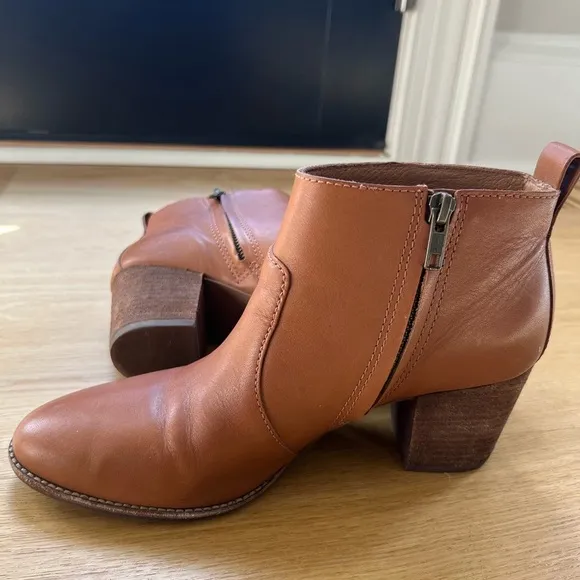 Madewell tan brown leather stacked block heel ankle boots