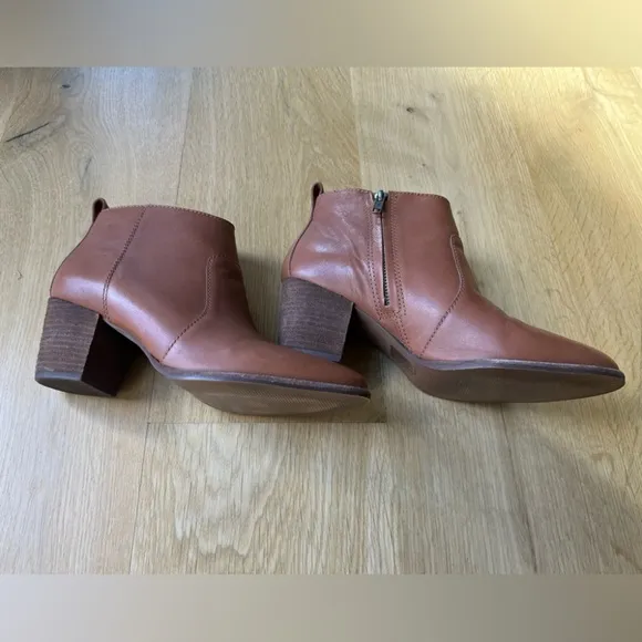 Madewell tan brown leather stacked block heel ankle boots