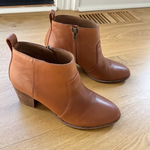 Madewell tan brown leather stacked block heel ankle boots