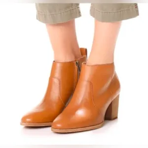 Madewell tan brown leather stacked block heel ankle boots
