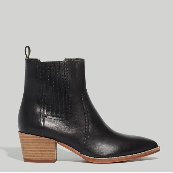 Madewell - women’s The Western ankle Boots black leather pull on heeled bootie 7