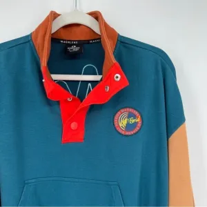 Magnlens Men's Collared Buttondown Colorblock Pullover Coral Blue Sweatshirt