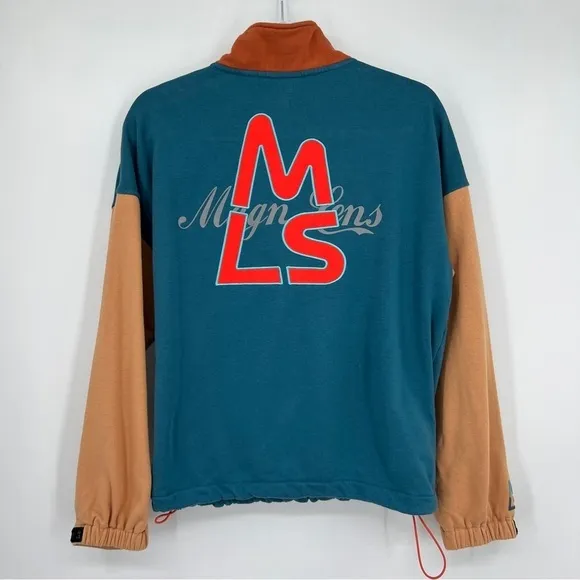 Magnlens Men's Collared Buttondown Colorblock Pullover Coral Blue Sweatshirt