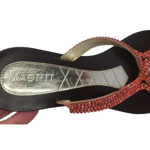 MAGRIT Leather Thong Sandals Rhinestone Flats Made in Spain Women's 5