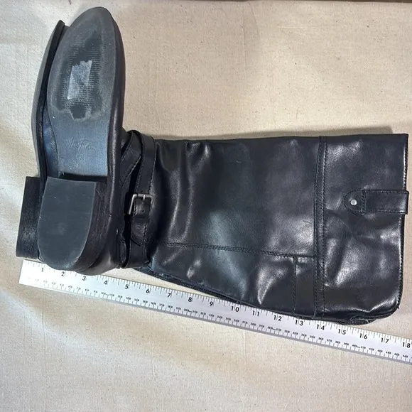 Marc Fisher Knee High Black Wide Calf Leather Zip Up Riding Boots Buckle 8.5 EUC