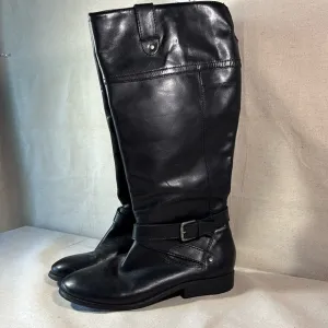 Marc Fisher Knee High Black Wide Calf Leather Zip Up Riding Boots Buckle 8.5 EUC