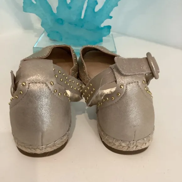 Marc Fisher Leather Espadrilles with Ankle Strap Jarquis Light Gold Studded Sz 6