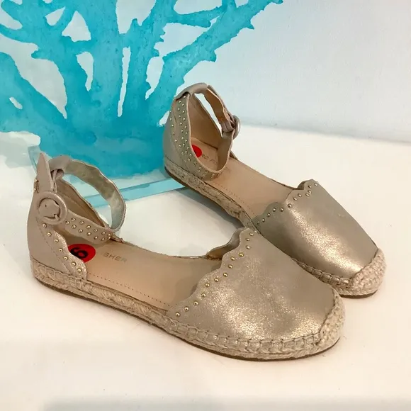Marc Fisher Leather Espadrilles with Ankle Strap Jarquis Light Gold Studded Sz 6