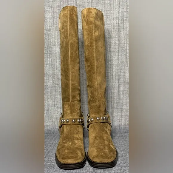 Marc Fisher LTD Ofida Knee High Harness Moto Style Suede Boots Dark Natural