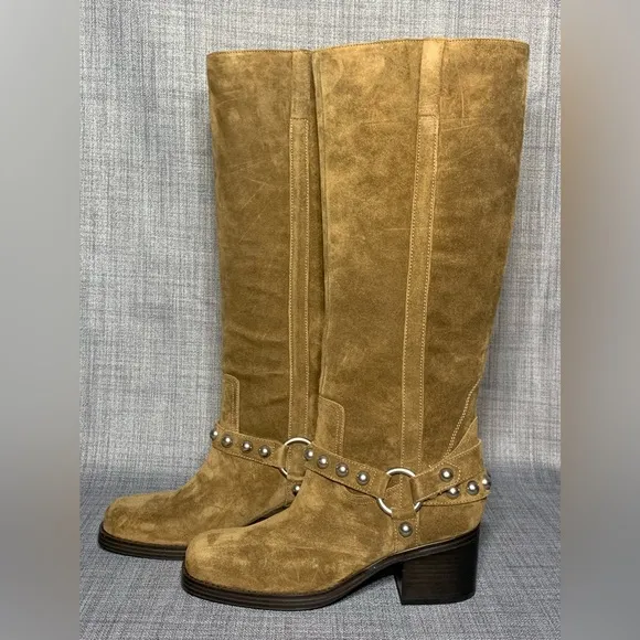 Marc Fisher LTD Ofida Knee High Harness Moto Style Suede Boots Dark Natural