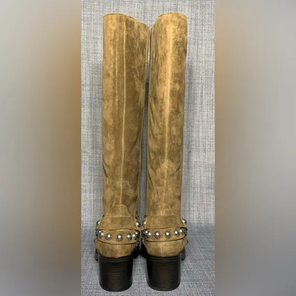 Marc Fisher LTD Ofida Knee High Harness Moto Style Suede Boots Dark Natural