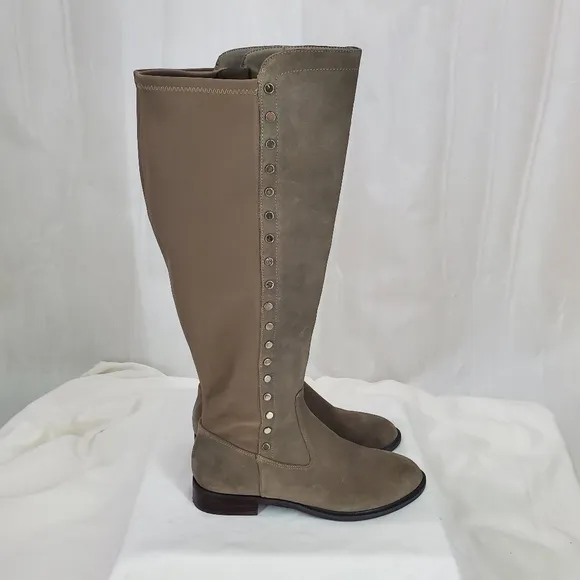 Marc Fisher Suede Leather Med Calf Tall Shaft Studded Taupe Gray Boots EUC 6.5