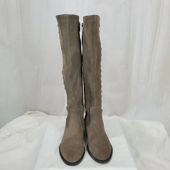 Marc Fisher Suede Leather Med Calf Tall Shaft Studded Taupe Gray Boots EUC 6.5