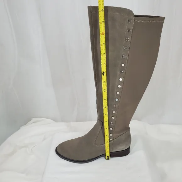 Marc Fisher Suede Leather Med Calf Tall Shaft Studded Taupe Gray Boots EUC 6.5