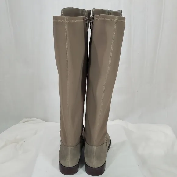 Marc Fisher Suede Leather Med Calf Tall Shaft Studded Taupe Gray Boots EUC 6.5