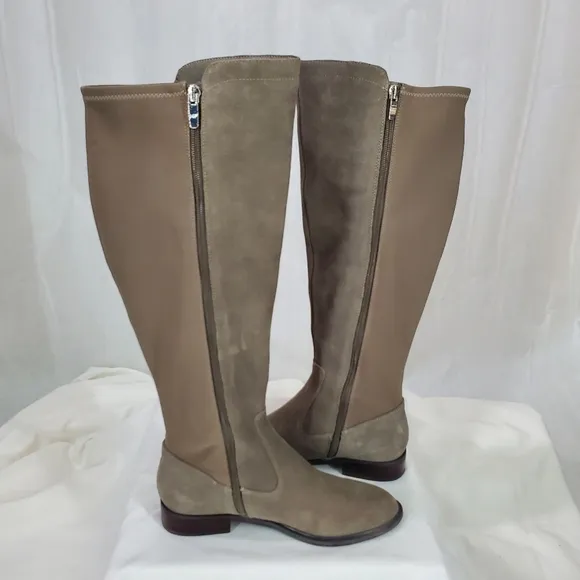 Marc Fisher Suede Leather Med Calf Tall Shaft Studded Taupe Gray Boots EUC 6.5