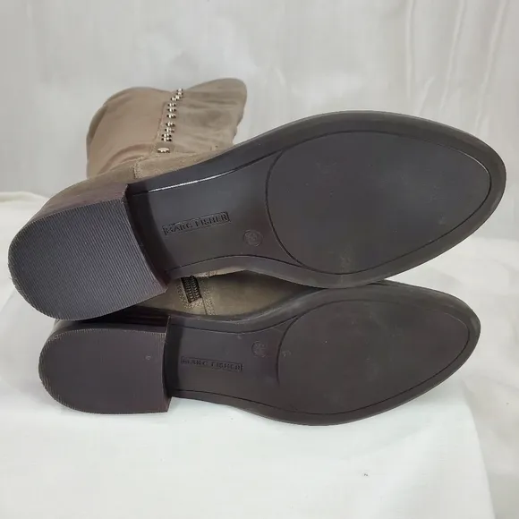 Marc Fisher Suede Leather Med Calf Tall Shaft Studded Taupe Gray Boots EUC 6.5