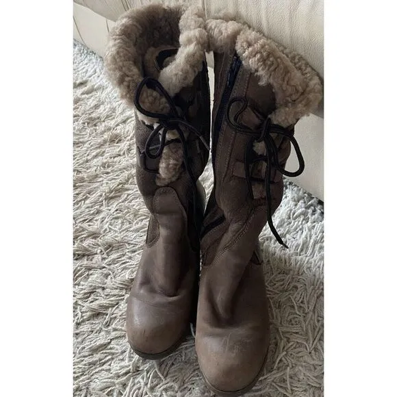 Martino Heeled Boots Taupe 8B Faux Shearling Leather Light Brown Lace Up