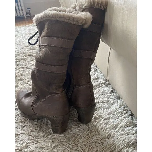 Martino Heeled Boots Taupe 8B Faux Shearling Leather Light Brown Lace Up