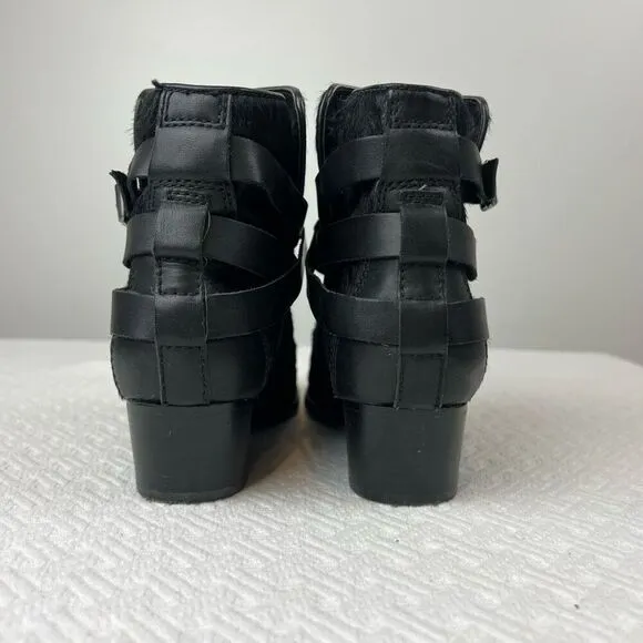 Matiko Boots Womens 6.5 Slip On Buckle Strap Ankle Bootie Black Fur Calf Heels