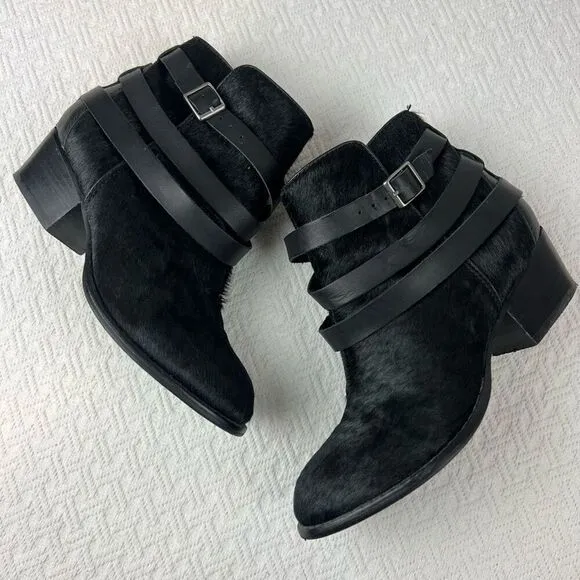 Matiko Boots Womens 6.5 Slip On Buckle Strap Ankle Bootie Black Fur Calf Heels