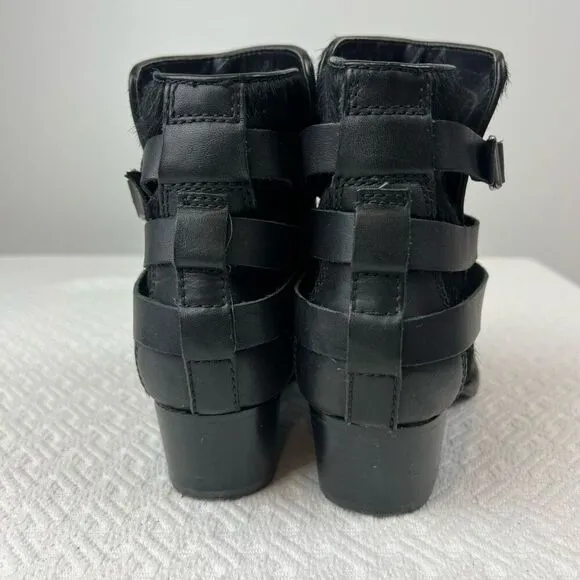 Matiko Boots Womens 6.5 Slip On Buckle Strap Ankle Bootie Black Fur Calf Heels