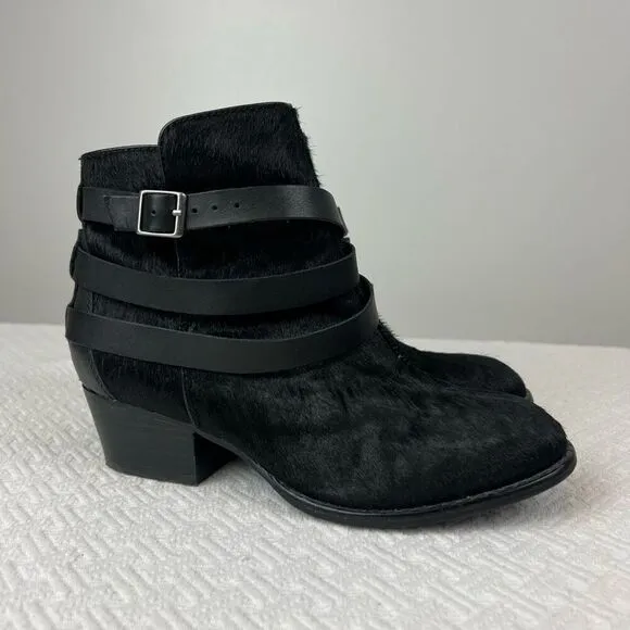 Matiko Boots Womens 6.5 Slip On Buckle Strap Ankle Bootie Black Fur Calf Heels