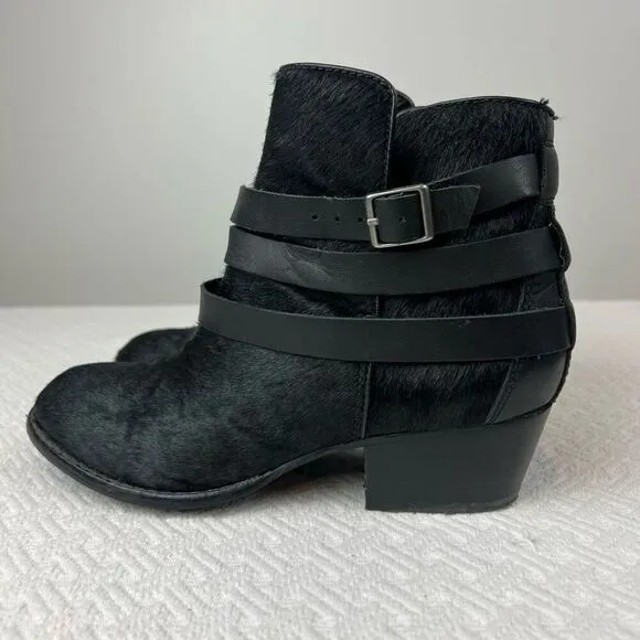 Matiko Boots Womens 6.5 Slip On Buckle Strap Ankle Bootie Black Fur Calf Heels