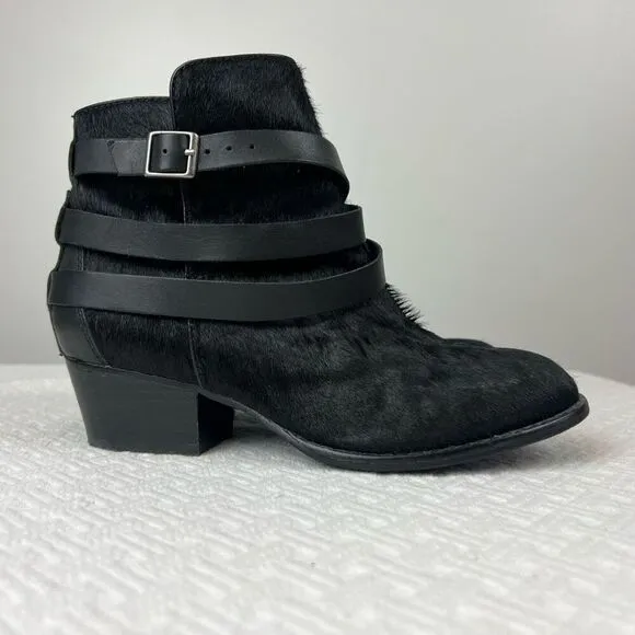Matiko Boots Womens 6.5 Slip On Buckle Strap Ankle Bootie Black Fur Calf Heels