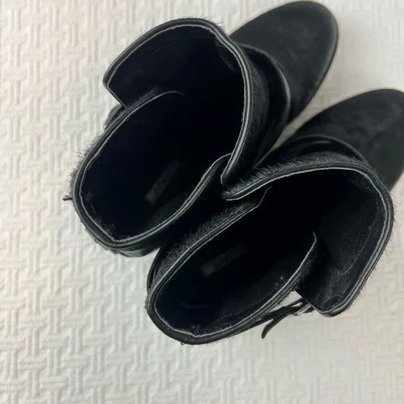 Matiko Boots Womens 6.5 Slip On Buckle Strap Ankle Bootie Black Fur Calf Heels