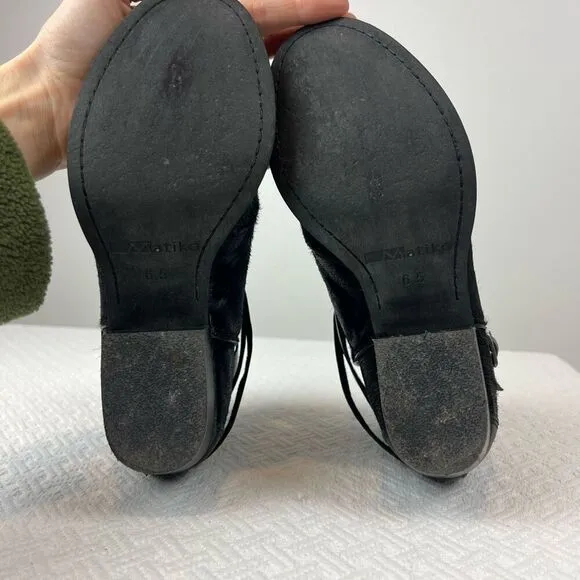 Matiko Boots Womens 6.5 Slip On Buckle Strap Ankle Bootie Black Fur Calf Heels