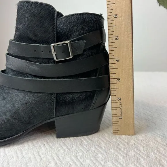 Matiko Boots Womens 6.5 Slip On Buckle Strap Ankle Bootie Black Fur Calf Heels