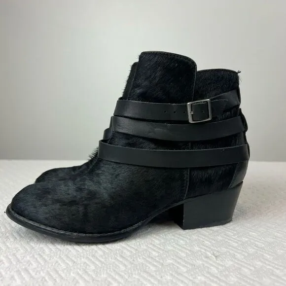 Matiko Boots Womens 6.5 Slip On Buckle Strap Ankle Bootie Black Fur Calf Heels
