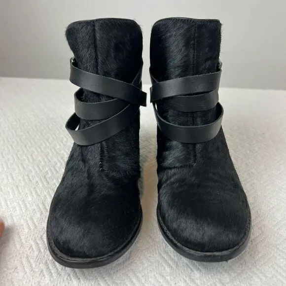 Matiko Boots Womens 6.5 Slip On Buckle Strap Ankle Bootie Black Fur Calf Heels
