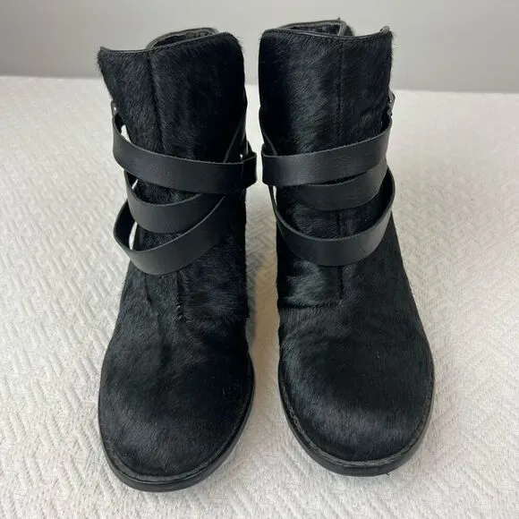 Matiko Boots Womens 6.5 Slip On Buckle Strap Ankle Bootie Black Fur Calf Heels