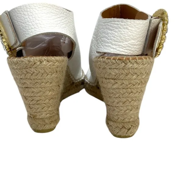 Maypol Wedge Espadrilles White Marbled Leather Gold Tone Rhinestone Buckle 39